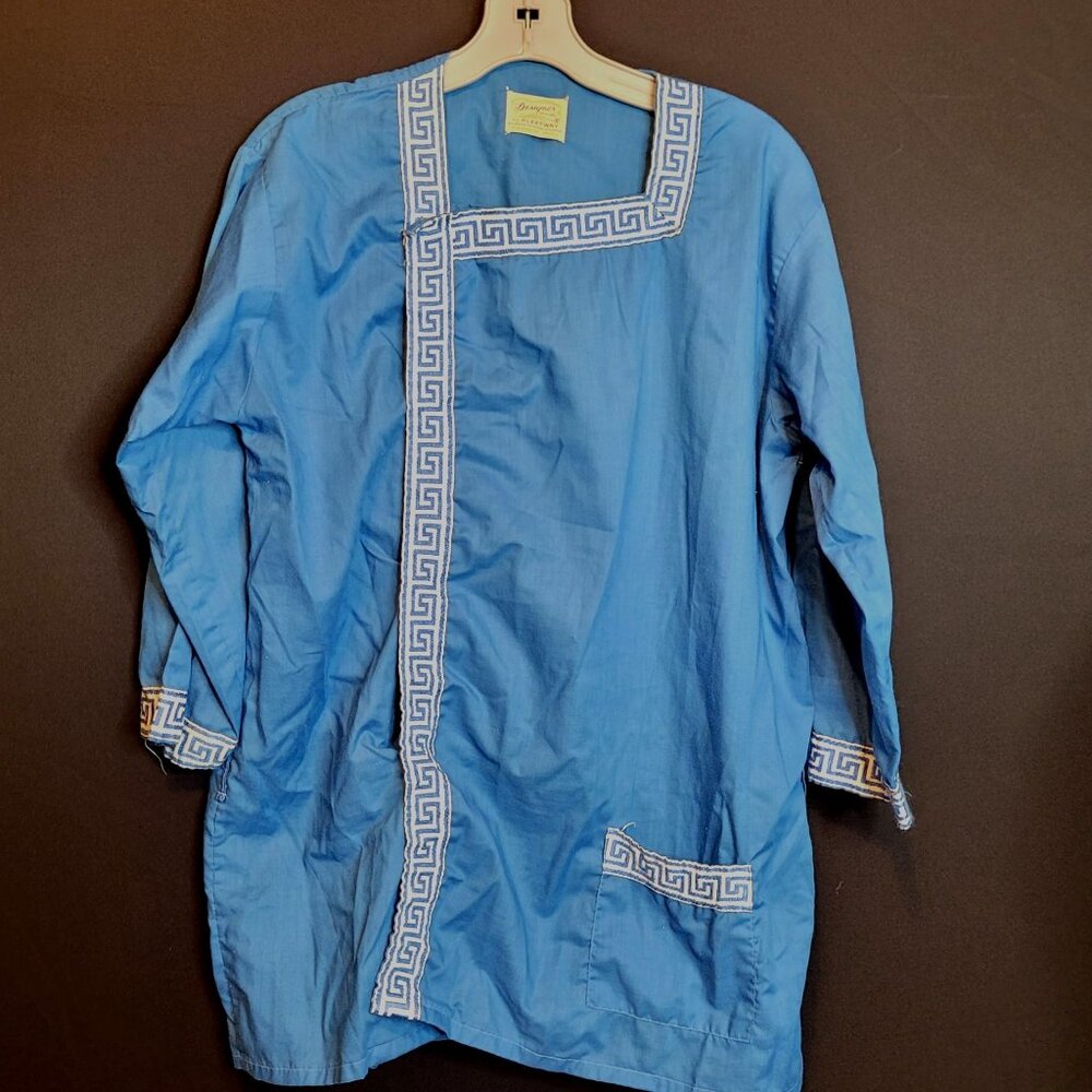 Vintage Pajama Top Pleetway Mens Blue White Trim Long Sleeve Zeus Loungearounds